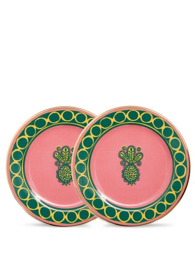 La Doublej Set Of Two Gold-plated Porcelain Dessert Plates In Pink Multi