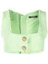 Balmain Buttoned Tweed Top In Green