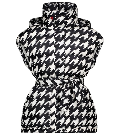 Perfect Moment Hooded Belted Quilted Houndstooth Down Ski Vest In Black-white-houndstooth-print