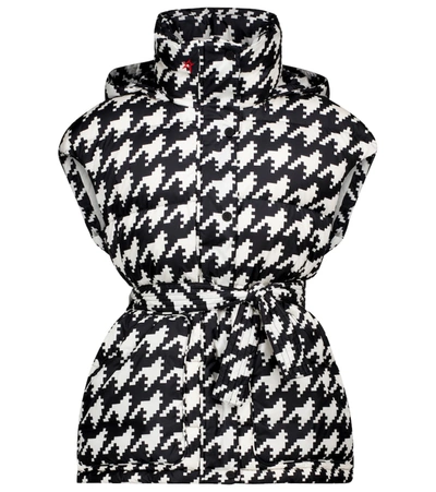 Perfect Moment Hooded Belted Quilted Houndstooth Down Ski Waistcoat In Black-white-houndstooth-print