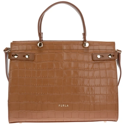 Furla Women's Leather Handbag Shopping Bag Purse Lady M In Cognac