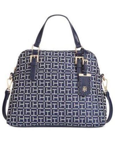 Tommy Hilfiger Small Julia Monogram Jacquard Dome Satchel In Navy/white