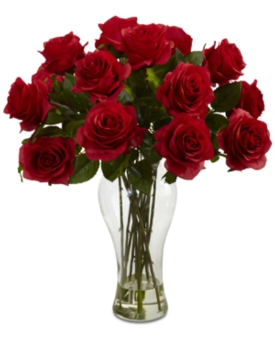 Nearly Natural Blooming Roses With Vase In Red