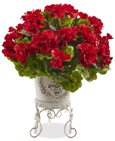 Nearly Natural Geranium Uv-resistant Indoor/outdoor Artificial Plant In Metal Planter In Red