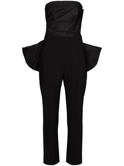 Solace London Willa Strapless Bow-embellished Paneled Moire And Crepe Jumpsuit In Black