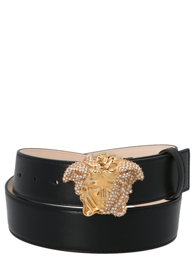 Versace Black La Medusa Crystal Leather Belt