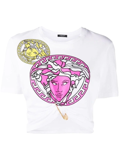 Versace Medusa Amplified-print Cropped T-shirt In White,yellow,fuchsia