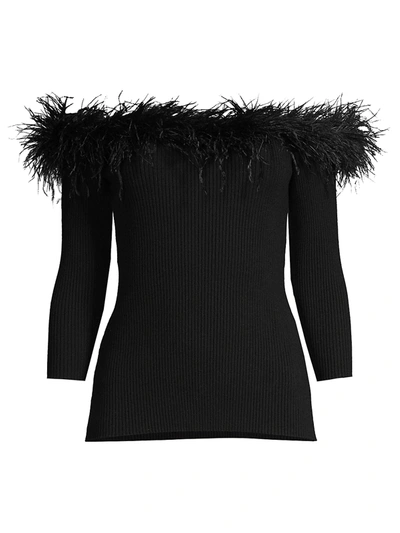 Milly Feather Off-the-shoulder Knit Top In Black