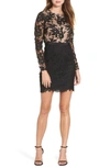 ml Monique Lhuillier Calypso Long Sleeve Lace Cocktail Dress In Black/ Nude