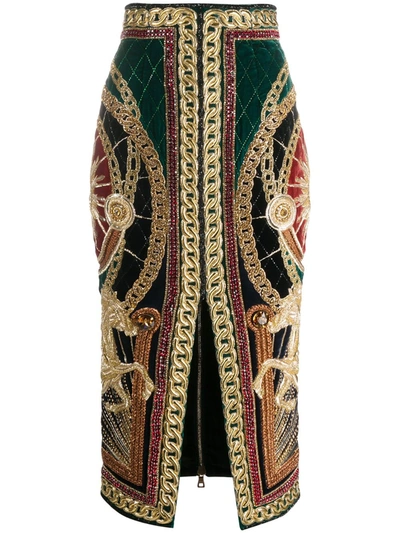 Balmain Beaded Embroidery Pencil Skirt In Green