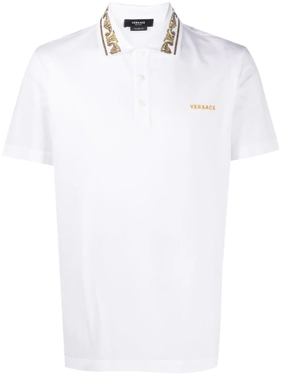 Versace Rhinestone-embellished Logo Polo Shirt In White