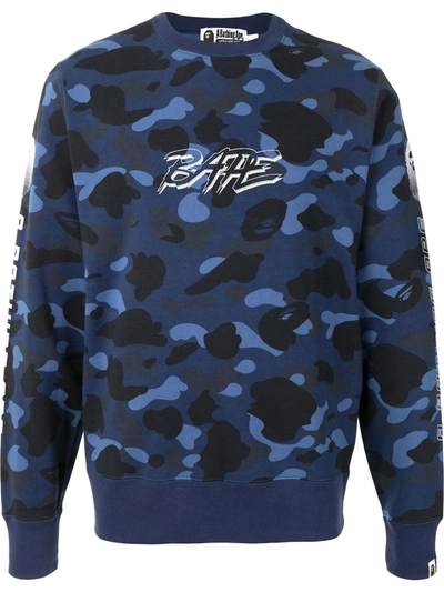 A Bathing Ape Camo Logo Print Sweatshirt In Blue