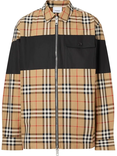 Burberry Contrast Panel Check Cotton Shirt Jacket Hazelwood In Neutrals