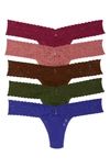 Hanky Panky 5-pack Low Rise Lace Thongs In Dark Pomegranet/ Pink/ Green