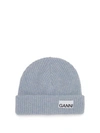 Ganni Logo-patch Ribbed Wool-blend Beanie In Heather