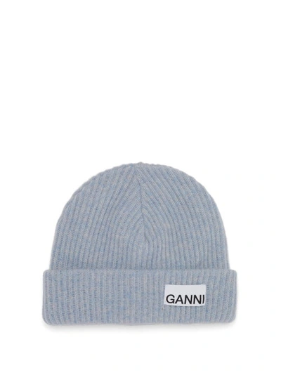 Ganni Logo-patch Ribbed Wool-blend Beanie In Heather