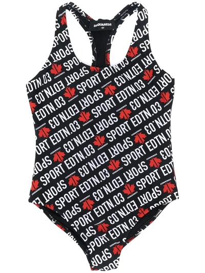 Dsquared2 Kids' All Over Logo Lycra One Piece Swimsuit In Black