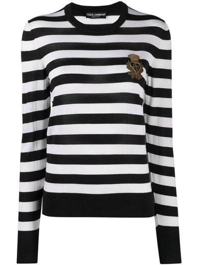 Dolce & Gabbana Striped Crew-neck Sweater In Silk And Cashmere With Logo Detail In Black