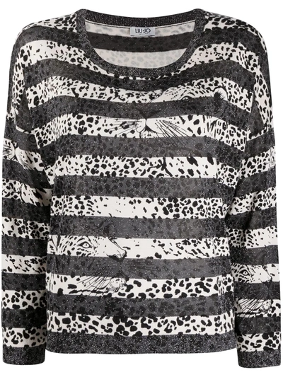 Liu •jo Striped Leopard-print Top In Black