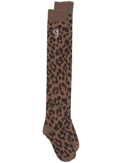 Ganni Leopard-print Long Socks In Brown