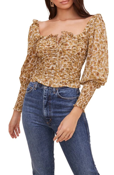 Astr Ruched Square Neck Top In Ivory-mustard Floral