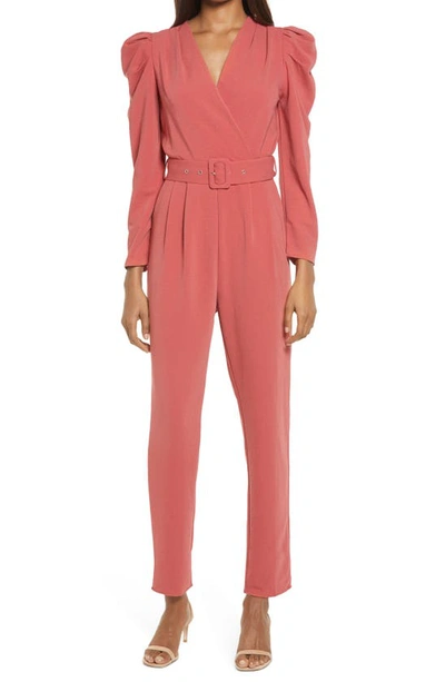 Adelyn Rae Dece Long Sleeve Belted Jumpsuit In Burnt Sienna