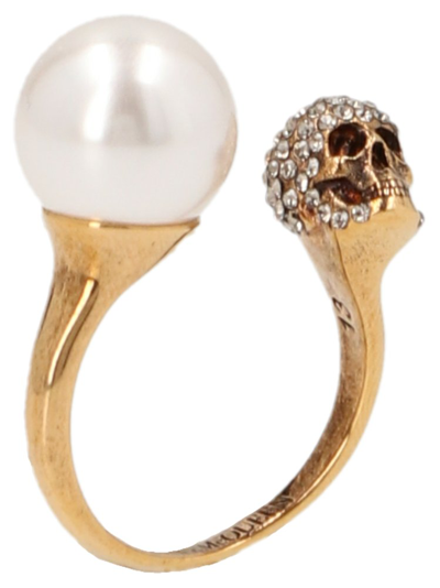 Alexander Mcqueen Faux Pearl And Crystal-embellished Ring In Antique Gold