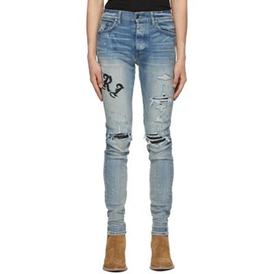 Amiri Old English Distressed Slim-leg Jeans In Blue