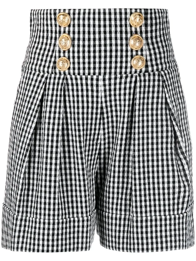 Balmain High-waisted Embossed-button Check Shorts In Black