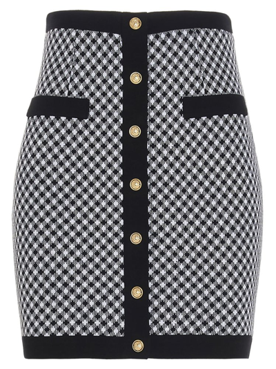 Balmain Buttoned Cotton Knit Gingham Mini Skirt In Black,white