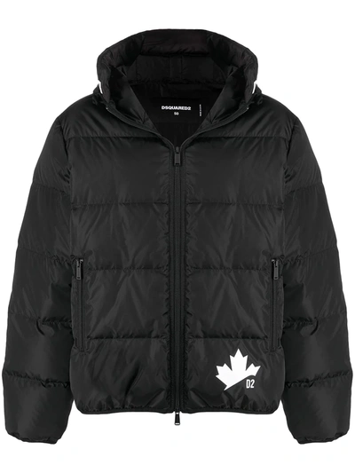 Dsquared2 Black Down Leaf Lite Puffer Jacket In Black,white