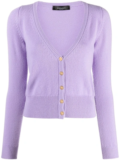 Versace Fine-knit Buttoned Cardigan In Purple