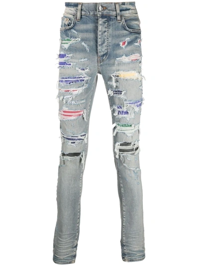Amiri Bandana-underlay Distressed Slim-leg Jeans In Blue