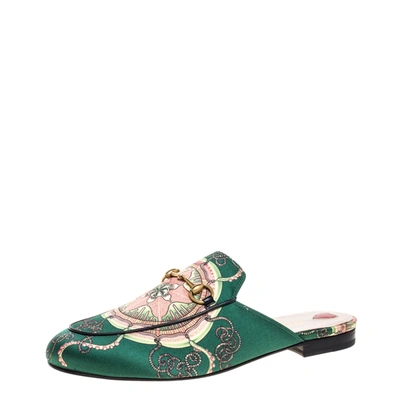 Pre-owned Gucci Green Printed Satin Princetown Mules Size 41