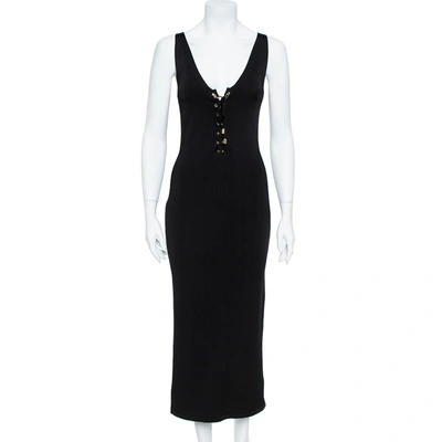 Pre-owned Balmain Black Stretch Knit Lace-up Midi Dress M