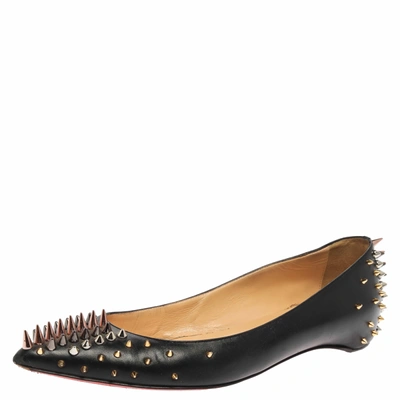 Pre-owned Christian Louboutin Black Leather Spike Goldoflat Ballet Flats Size 39.5