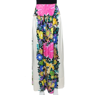 Pre-owned Roberto Cavalli Cream Flora & Fauna Print Satin Silk Maxi Skirt L