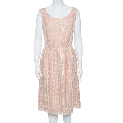 Pre-owned Oscar De La Renta Pale Pink Organza Silk Embroidered Sleeveless Dress Xl