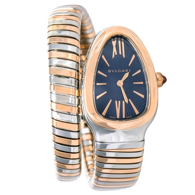 Pre-owned Bvlgari Blue 18k Rose Gold And Stainless Steel Serpenti Tubogas Women's Wristwatch 35 Mm