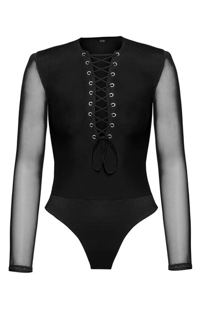 Afrm Edie Long Sleeve Bodysuit In Noir