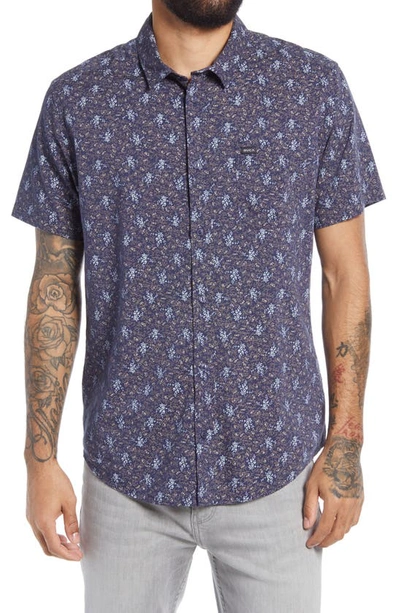 Rvca Monkberry Floral Print Short Sleeve Button-up Shirt In Moody Blue