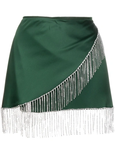 Oseree Crystal-fringed Satin Wrap Skirt In Green