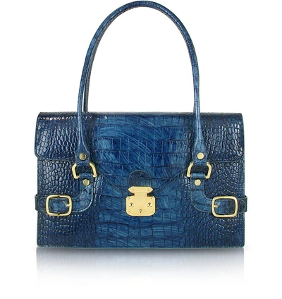 L.a.p.a. Handbags Indigo Blue Croco Stamped Italian Leather Shoulder Bag In Bleu