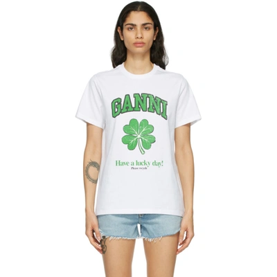 Ganni Four-leaf Clover-print Cotton-jersey T-shirt In White