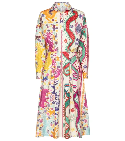 Etro Vulcano Print Long Sleeve Cotton Dress In Multicolour