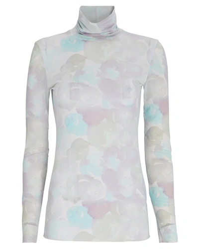 Ganni Watercolor Printed Mesh Turtleneck Top In Pale Purple/blue