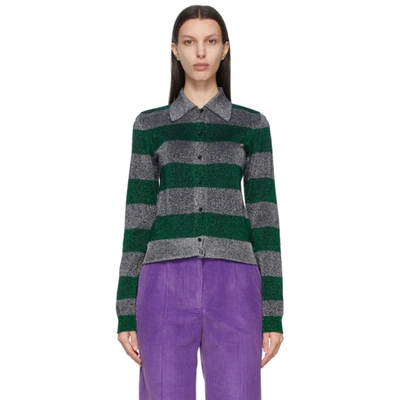 Victoria Beckham Green & Silver Stripe Lurex Cardigan In 7028 Sil/em