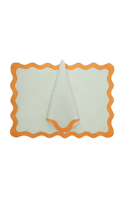 Moda Domus Scalloped Linen Placemat And Napkin Set In Green,pink