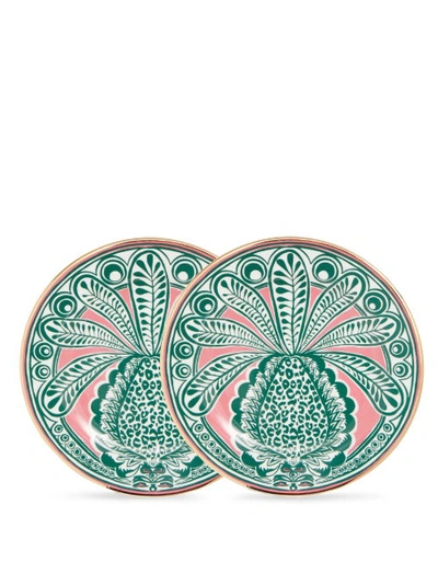 La Doublej Set Of Two Gold-plated Porcelain Dessert Plates In Green