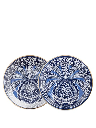 La Doublej Set Of Two 18kt-gilded Porcelain Dessert Plates In Blue